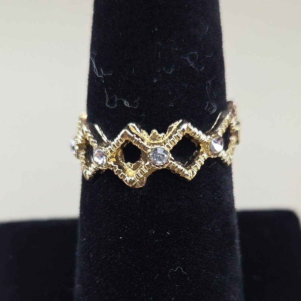 Gold Tone Geometric Zigzag Openwork Ring Clear Crystal Accents Size 7.5